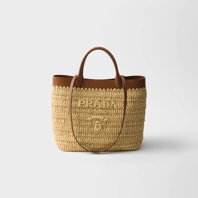 prada small crochet raffia and leather trim tote bag